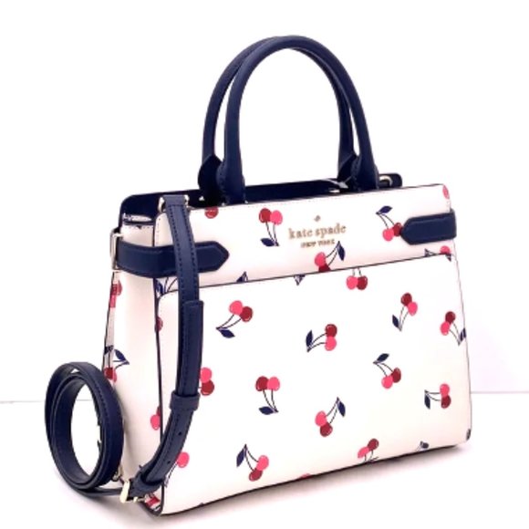 NWT Kate Spade Dancing Cherries Leather Shoulder Bag Crossbody Cream White Blue - Picture 6 of 16